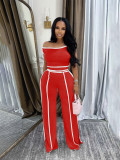 Women Summer Casual Off Shoulder Top and Long Pants Two Piece Set