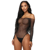 Beaded sexy off shoulder long sleeve erotic lingerie mesh clothing
