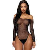 Beaded sexy off shoulder long sleeve erotic lingerie mesh clothing