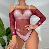 Beaded sexy off shoulder long sleeve erotic lingerie mesh clothing