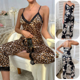 Sexy Leopard Printed Pajama Set Lace Satin Camisole Trousers Homewear