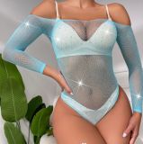 Beaded sexy off shoulder long sleeve erotic lingerie mesh clothing