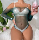 Beaded sexy off shoulder long sleeve erotic lingerie mesh clothing