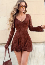 Women Spring Summer Sexy V-neck Lace Long Sleeve Dress