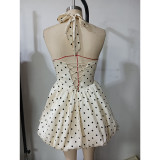 Women French Polka Dot Strap Dress Sexy Halter Neck Holidays Tutu Skirt