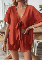 Women summer casual ruffle bow tie shirt and shorts two-piece set Women summer casual ruffle bow tie shirt and shorts two-piece set