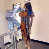 Women Elegant Printed Wood Ear Lace Contrast Slit Dress