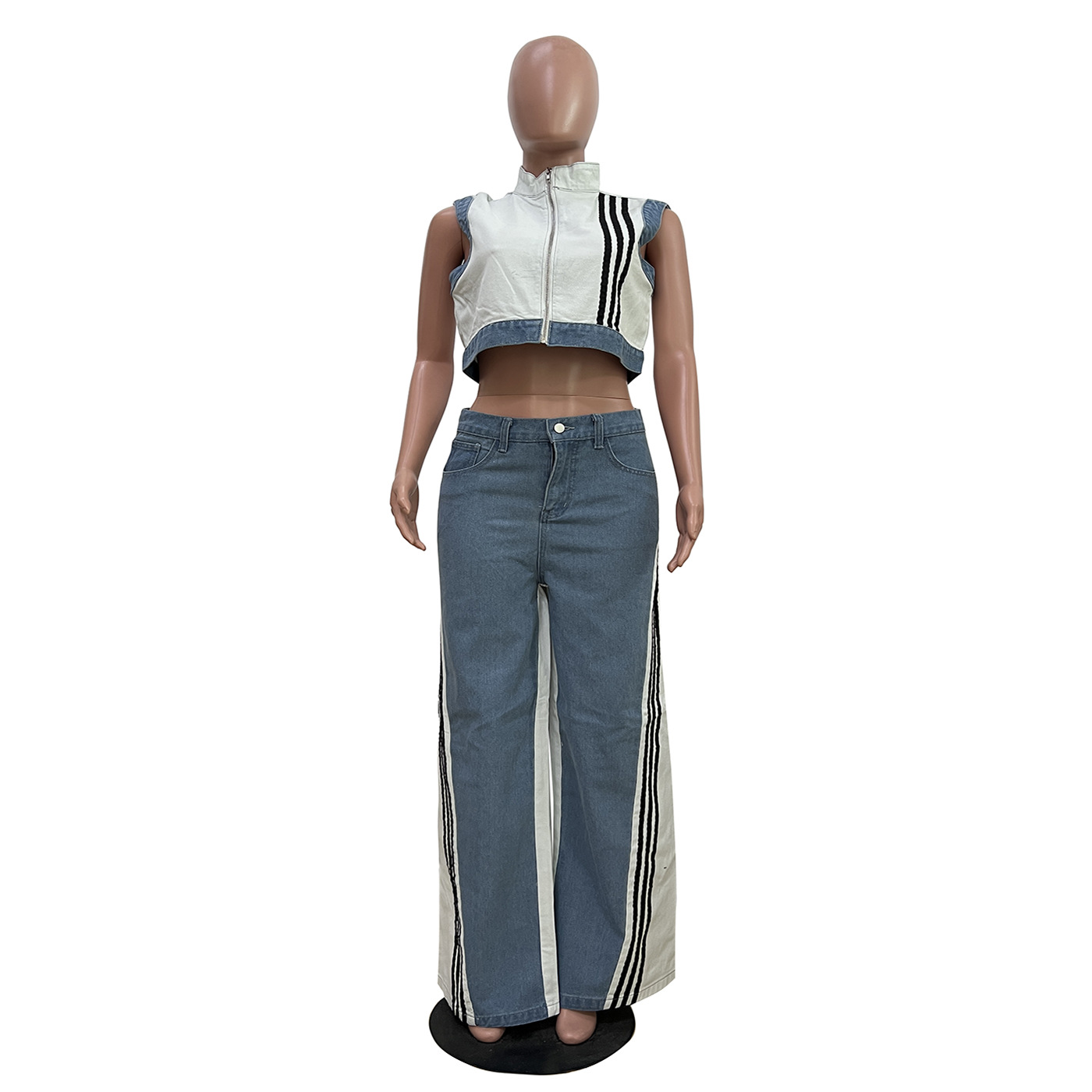Women casual webbing patchwork top and denim wide-leg pants two-piece set