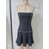 Women Summer Retro Striped Contrast Casual Suspender Dress