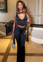 Women Sexy Solid Sleeveless V-Neck Crop Top and Pants Two-Piece Set