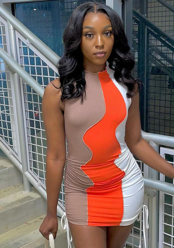 Women Sexy Ribbed Contrast Patchwork Bodycon Dress