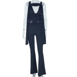 Women Sexy Solid Sleeveless V-Neck Crop Top and Pants Two-Piece Set