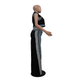 Women casual webbing patchwork top and denim wide-leg pants two-piece set