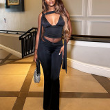 Women Sexy Solid Sleeveless V-Neck Crop Top and Pants Two-Piece Set