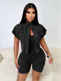 Women Summer Washed and distressed sleeveless jumpsuit short sleeve jacket two-piece set