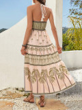Women Bohemian Ethnic Print Halter Neck Backless Beach Holidays Dress