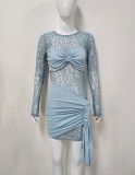 Women Spring Summer Sexy Round Neck Lace Patchwork Long Sleeve Dress