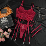 Women red lace sexy lingerie two-piece set