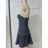 Women Summer Retro Striped Contrast Casual Suspender Dress