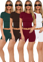 Women short-sleeved round neck top and shorts two-piece set Women short-sleeved round neck top and shorts two-piece set