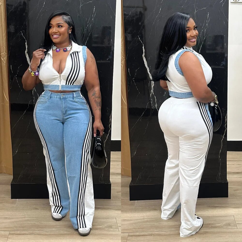 Women casual webbing patchwork top and denim wide-leg pants two-piece set