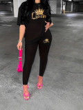 Women Gradient Crown Queen Letter Casual Print Summer Short Sleeve Top and Pants Two-piece Set