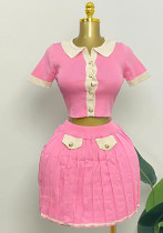 Women trendy knitting short-sleeved contrasting Top and Skirt two-piece set Women trendy knitting short-sleeved contrasting Top and Skirt two-piece set