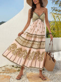 Women Bohemian Ethnic Print Halter Neck Backless Beach Holidays Dress