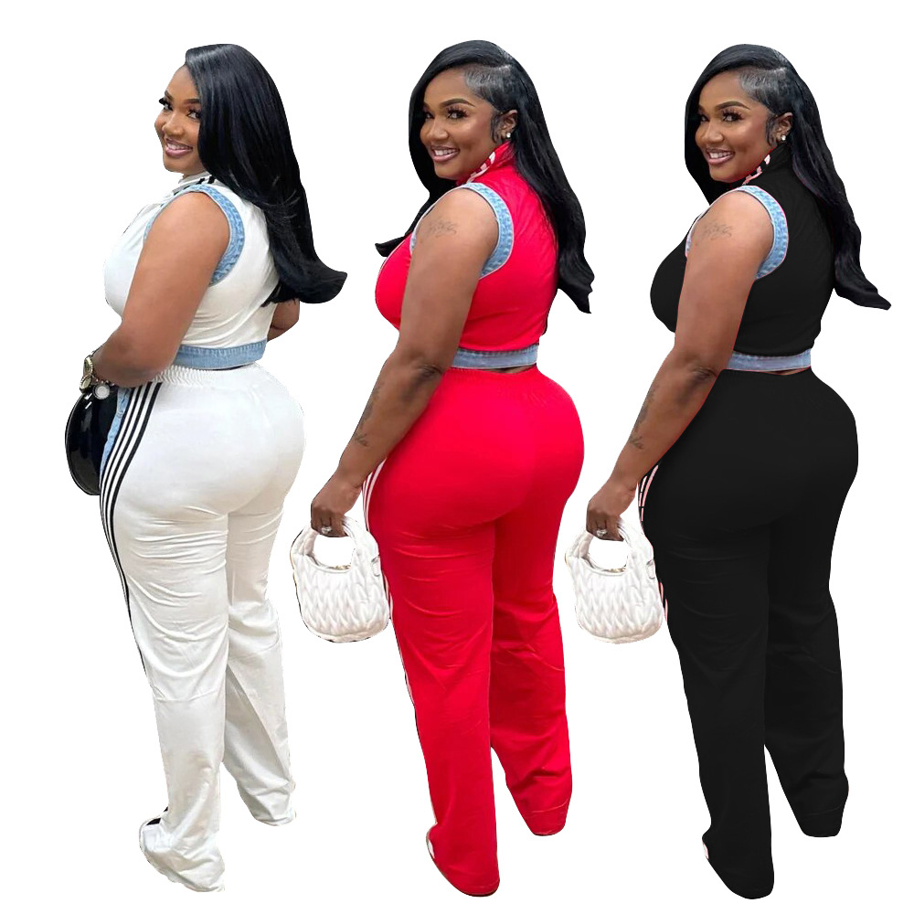 Women casual webbing patchwork top and denim wide-leg pants two-piece set