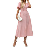 Women lantern sleeve summer v-neck split dress