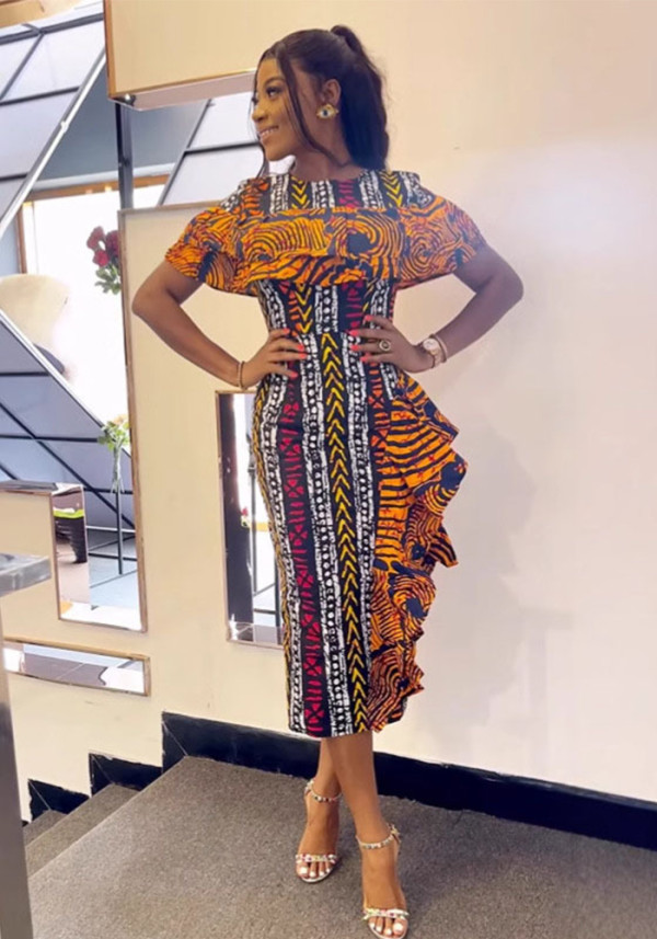 Women Elegant Printed Wood Ear Lace Contrast Slit Dress