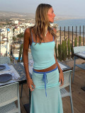 Women solid sleeveless strapless top and skirt two-piece set