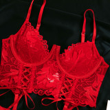 Women red lace sexy lingerie two-piece set