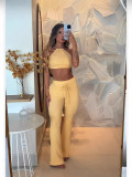 Women Waffle Sexy Halter Neck Top and Lace-Up Bell Bottom Pants Two-piece Set