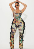 Women spring Summer sexy sling tassel lace print Jumpsuit