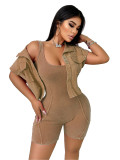 Women Summer Washed and distressed sleeveless jumpsuit short sleeve jacket two-piece set