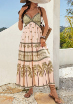 Women Bohemian Ethnic Print Halter Neck Backless Beach Holidays Dress