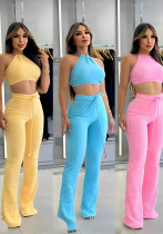 Women Waffle Sexy Halter Neck Top and Lace-Up Bell Bottom Pants Two-piece Set Women Waffle Sexy Halter Neck Top and Lace-Up Bell Bottom Pants Two-piece Set