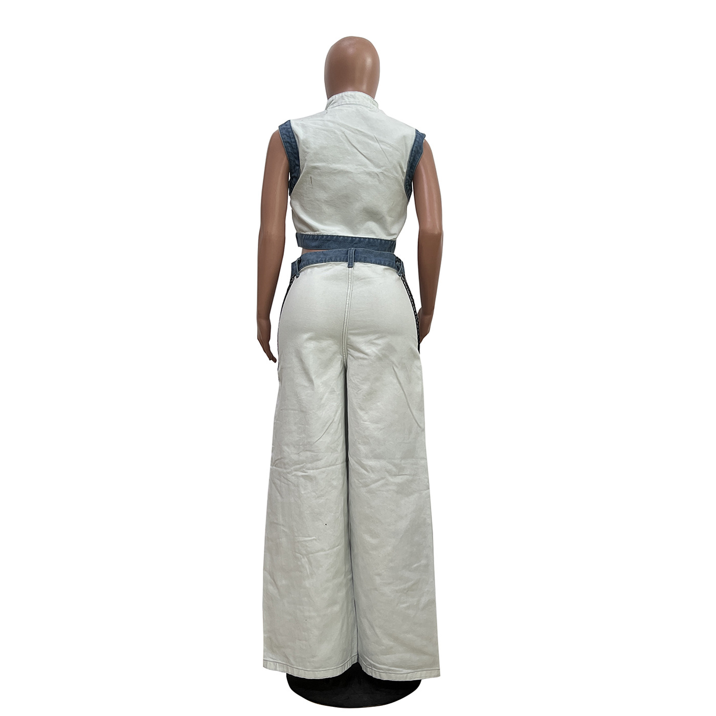 Women casual webbing patchwork top and denim wide-leg pants two-piece set