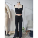 Women Summer Casual lace Suspender Top and Bell Bottom Long Pants Two-piece Set