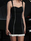 Women Sexy Backless Striped Lace Patchwork Strap Dress
