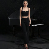 Women Summer Casual lace Suspender Top and Bell Bottom Long Pants Two-piece Set