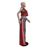 Women casual webbing patchwork top and denim wide-leg pants two-piece set