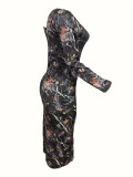 Women maple leaf sexy long-sleeved Bodycon dress