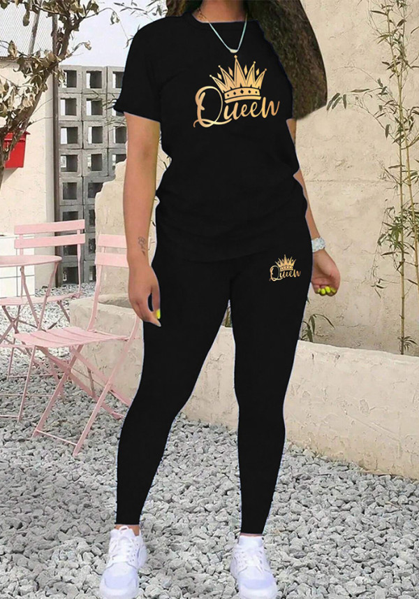 Women Gradient Crown Queen Letter Casual Print Summer Short Sleeve Top and Pants Two-piece Set