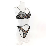 Women lace print contrast color bra sexy lingerie two-piece set
