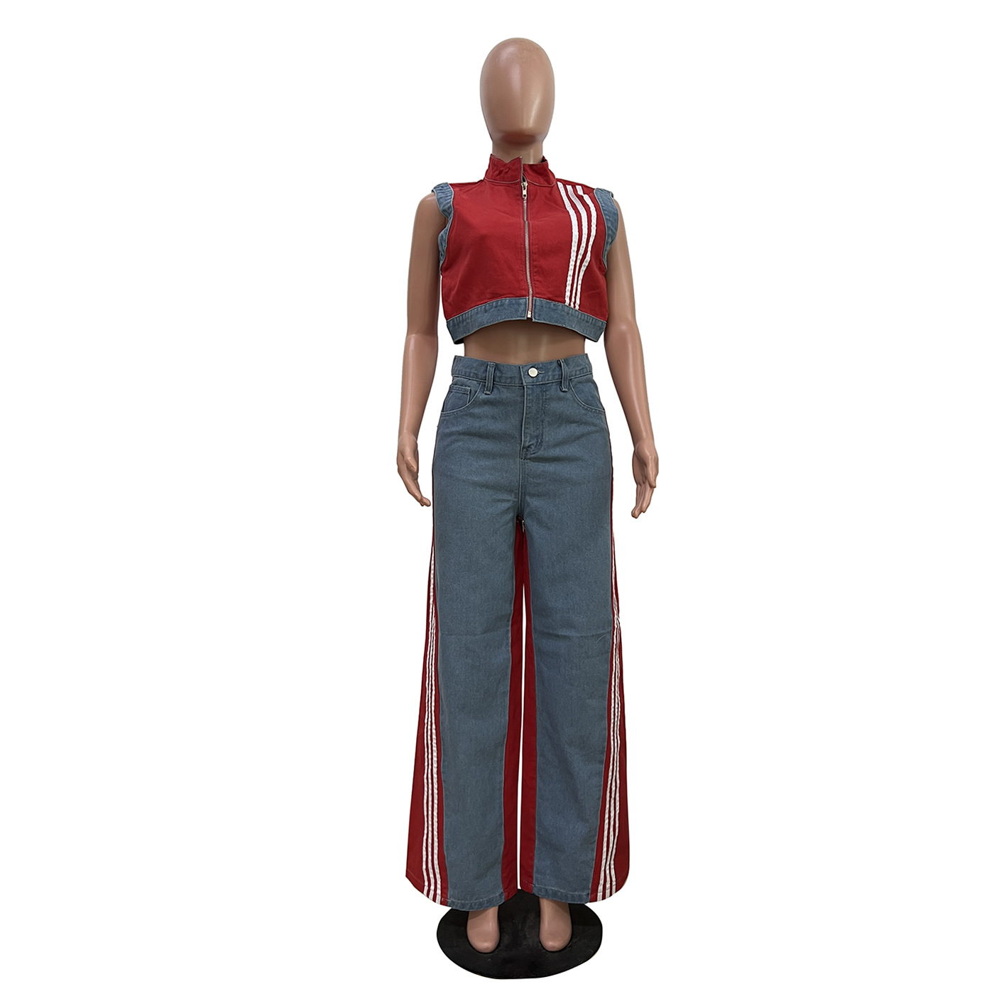 Women casual webbing patchwork top and denim wide-leg pants two-piece set