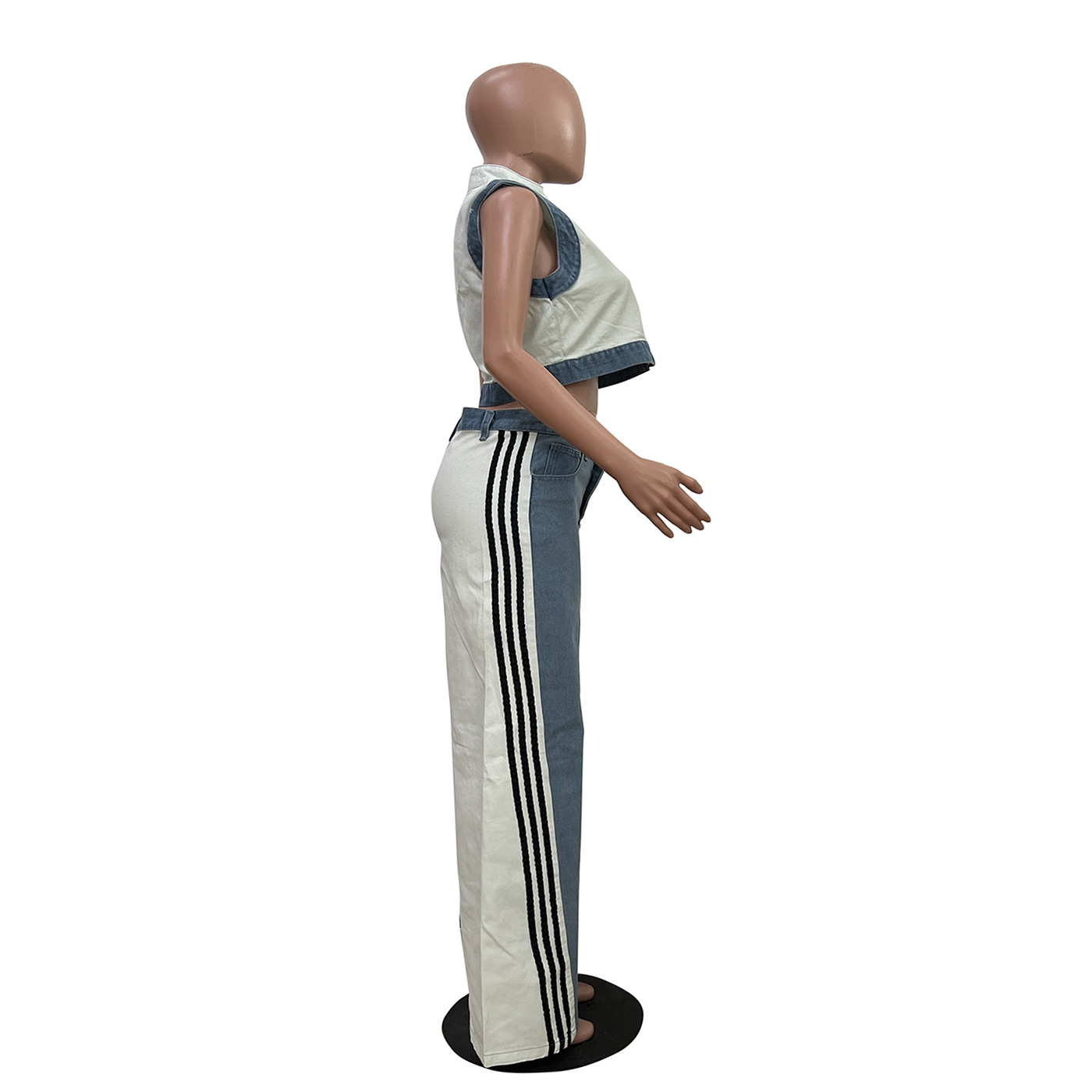 Women casual webbing patchwork top and denim wide-leg pants two-piece set