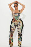 Women spring Summer sexy sling tassel lace print Jumpsuit