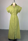 Women Summer Turndown Collar Short Sleeve Slit Shirt Dress